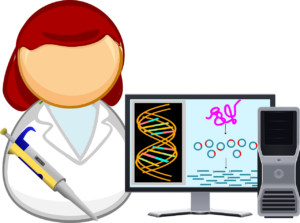 disegno di una ragazza in laboratorio che mostra immagini di elementi scientifici al computer