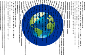 codice binario con sotto il mondo per rappresentare OGM